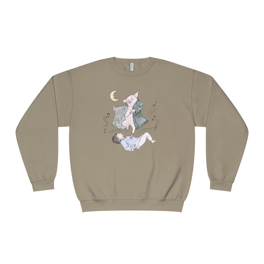 Crewneck sweatshirt featuring original hand-drawn Guyute-inspired artwork with a surreal pig, moon, musical mist, and muted storybook colors.