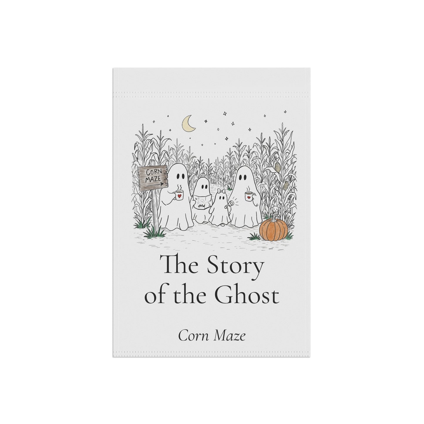 Outdoor garden banner featuring a hand-drawn ghost family walking through a moonlit corn maze with warm drinks, tall corn stalks, and a pumpkin from The Story of the Ghost Chapter 2 collection.