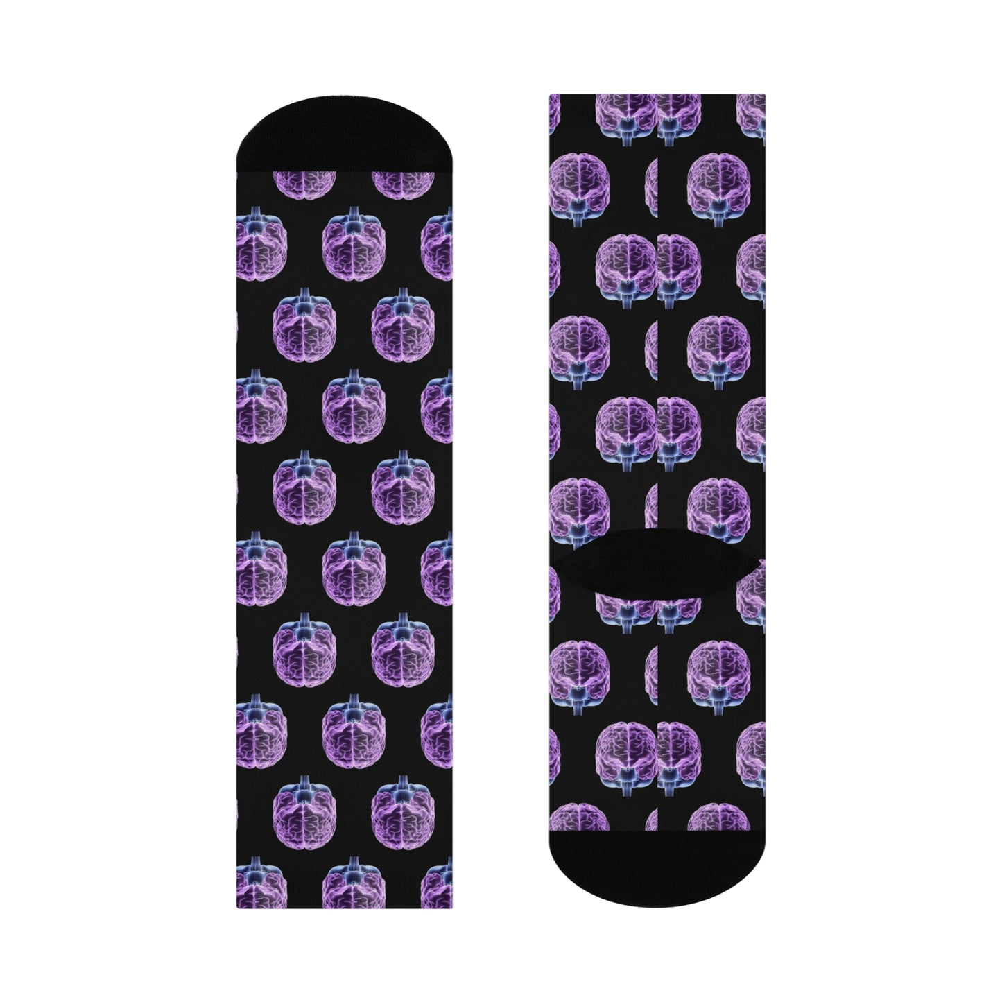 Black socks with purple brain pattern on a white background