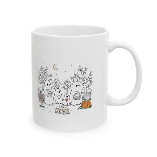 Coffee mug featuring a cute ghost family picking apples in an autumn orchard with baskets, pumpkin, trees and moon from The Story of the Ghost Chapter 4.