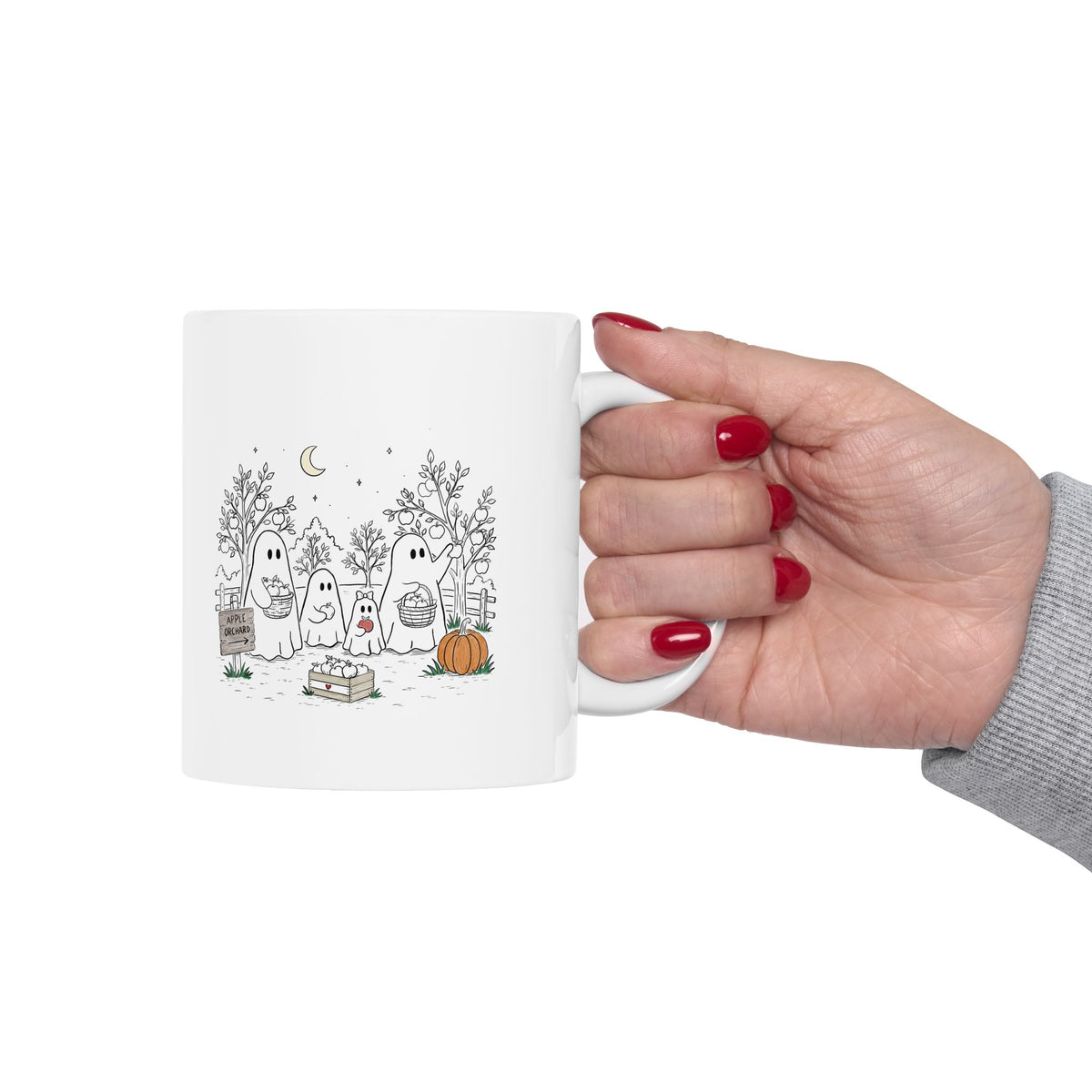 Coffee mug featuring a cute ghost family picking apples in an autumn orchard with baskets, pumpkin, trees and moon from The Story of the Ghost Chapter 4.