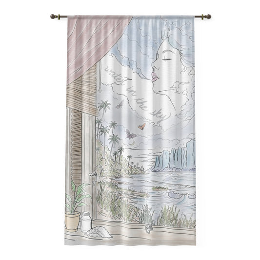Water in the Sky sheer curtain panel with pastel ocean, cloud, palm tree, butterfly, and woman illustration.