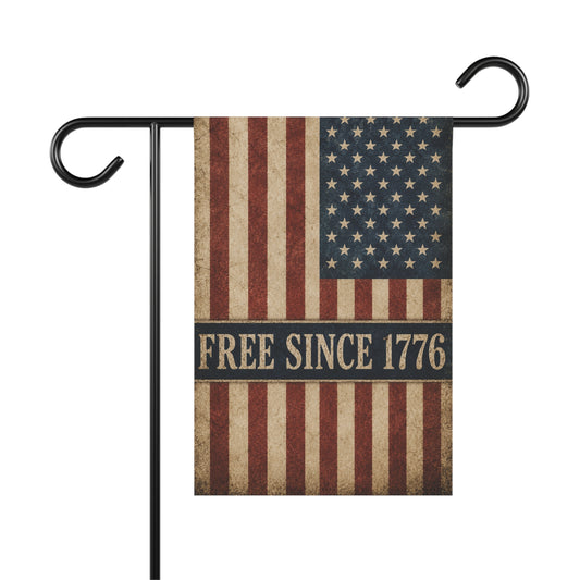 American flag garden flag with 'Free Since 1776' text on a white background
