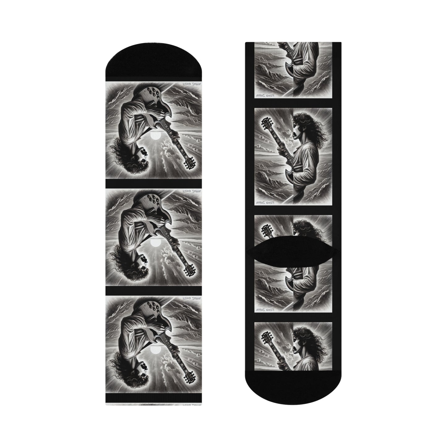 Zappa-inspired black and white pencil sketch art guitarist crew socks