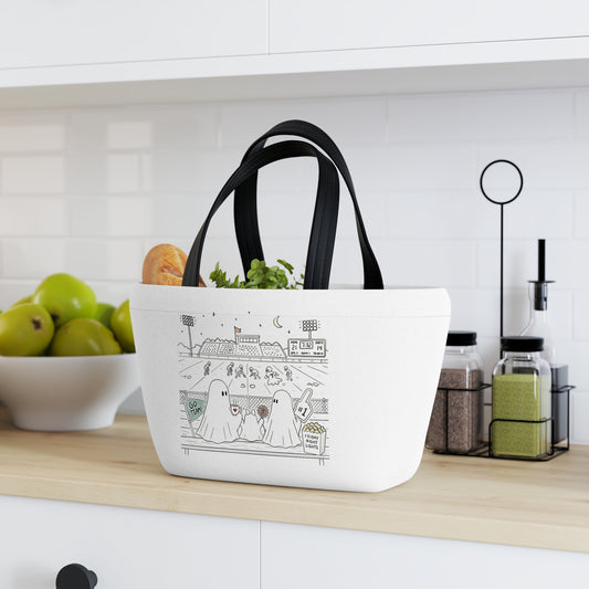 Neoprene lunch tote with double carrying handles and original ghost family football artwork from Chapter 5, Friday Night Lights, of The Story of the Ghost by Market Mafia Creations.