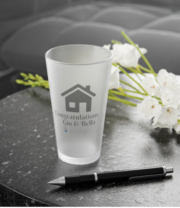 Personalized frosted 16oz pint glass for realtor or house closing gift