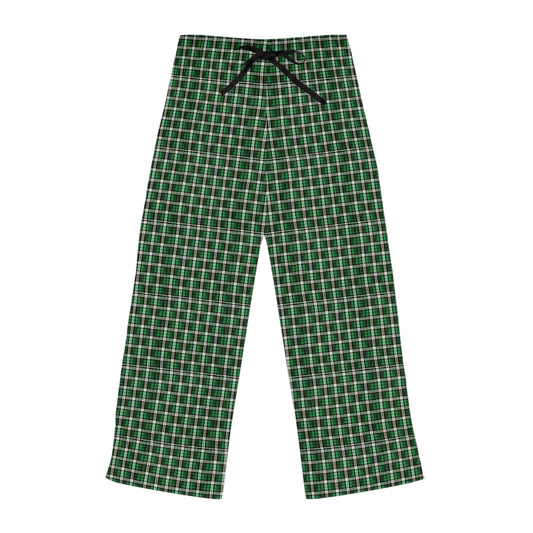 Women's green plaid pajama pants with a drawstring at the back.