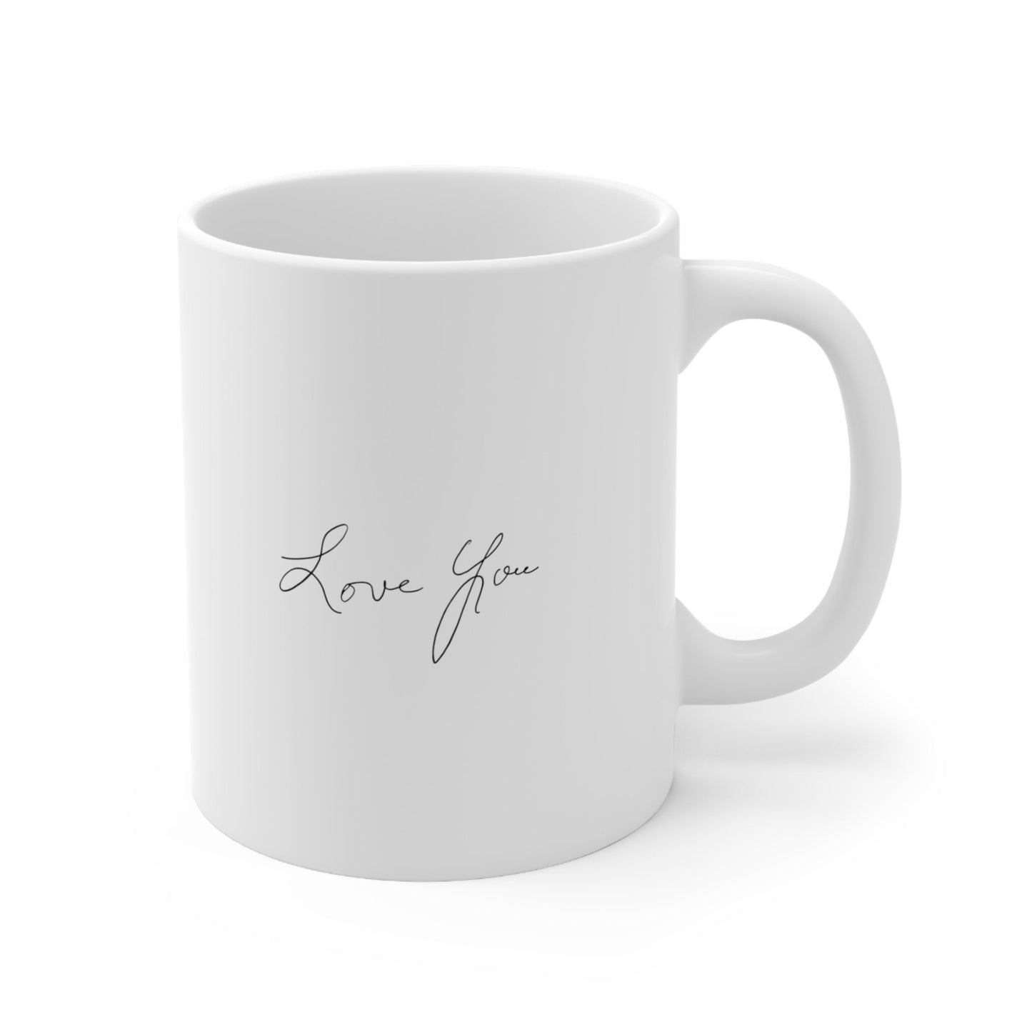 Simple “Love You” hand-lettered design on white mug; perfect for gifting