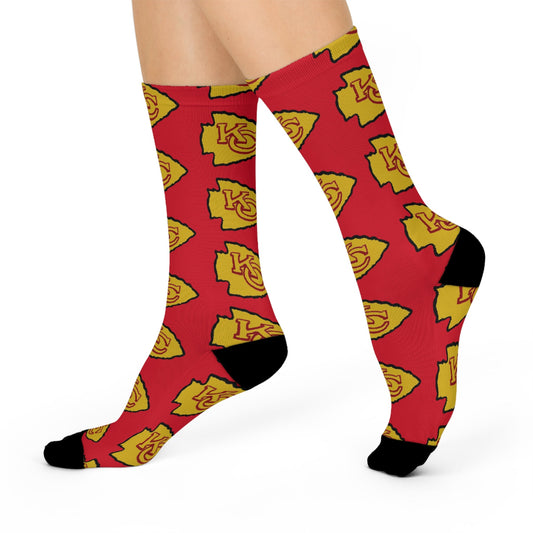 kansas city chiefs socks with yellow arrowhead and red KC hand-drawn design