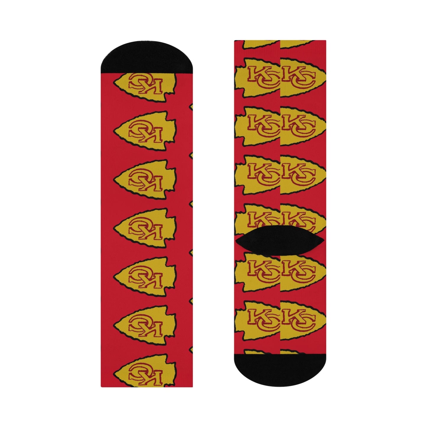 kansas city chiefs socks with yellow arrowhead and red KC hand-drawn design