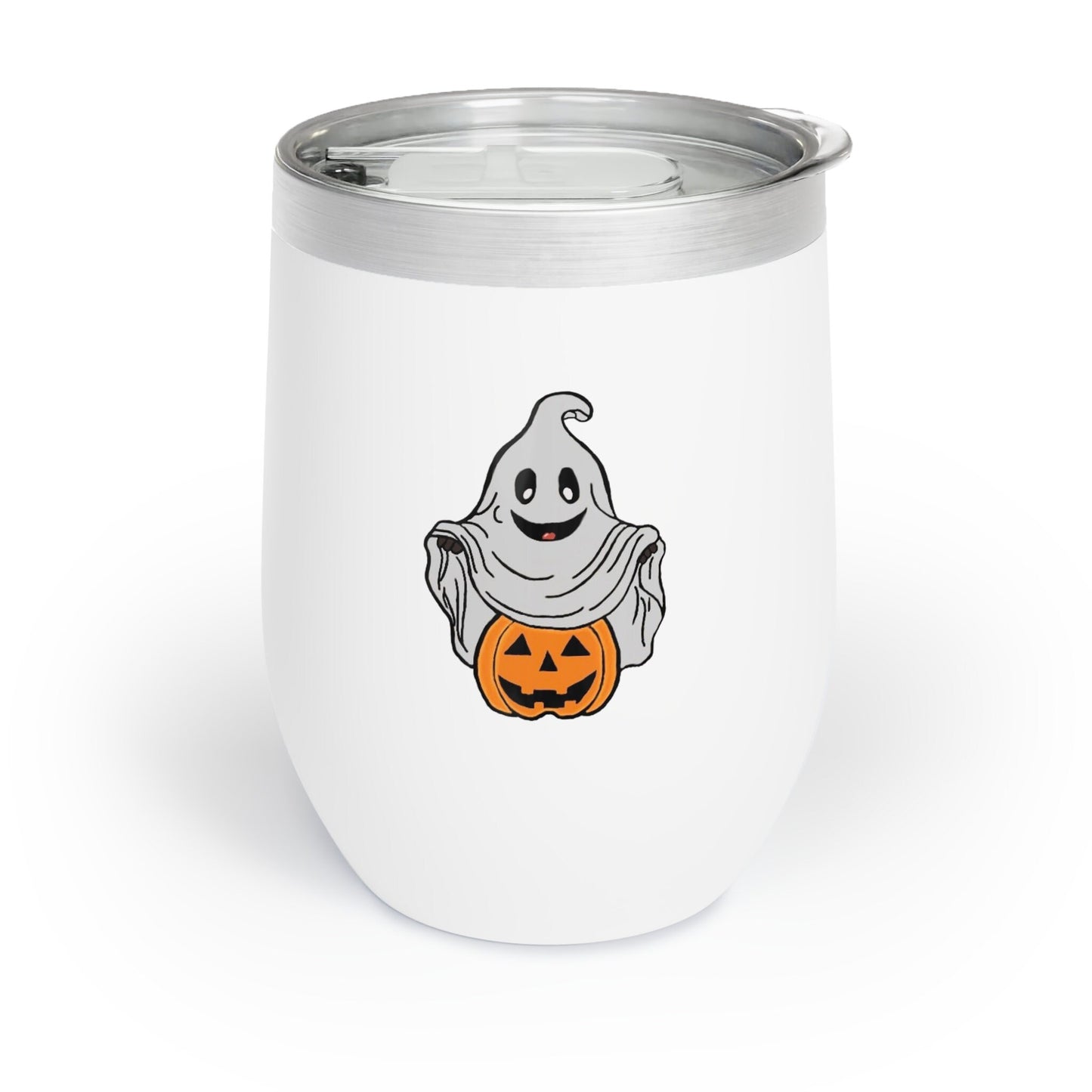 Hand-drawn ghost and pumpkin art on insulated wine tumbler; Halloween edition
