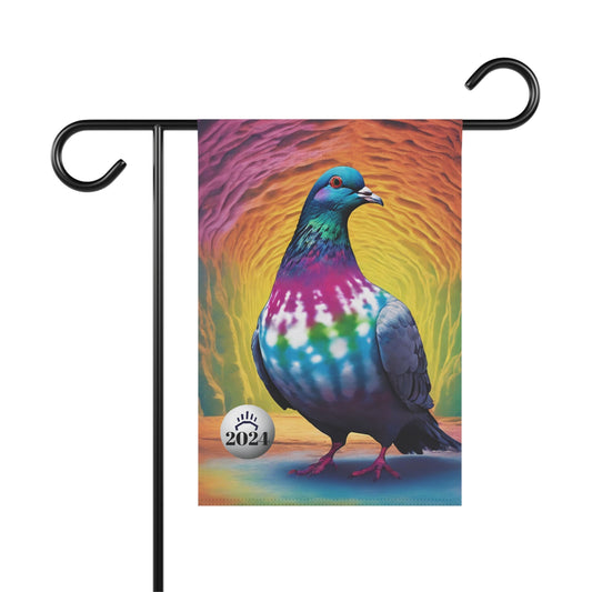 A colorful banner featuring a tie-dye pattern with a depiction of a pigeon playing ping pong on one side, and the text '2024' on the other, displayed against a neutral background.