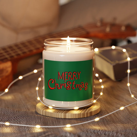 Holiday candle with hand-drawn Christmas art label; festive home scent