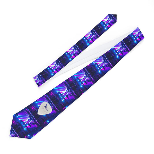 A necktie with a colorful light photo print of Pigeons Playing Ping Pong, featuring a v-shaped end and a keeper loop.