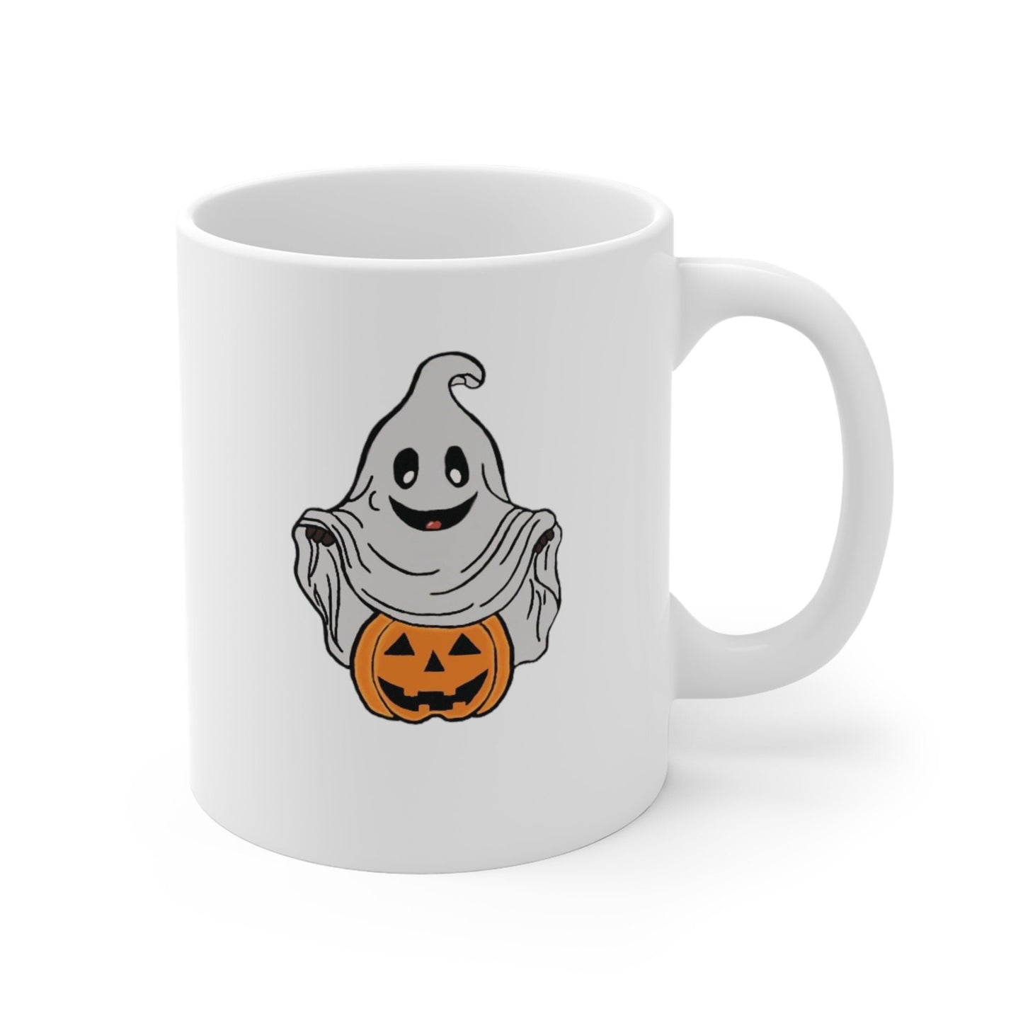 Hand-drawn ghost and pumpkin Halloween mug with orange accents; microwave safe