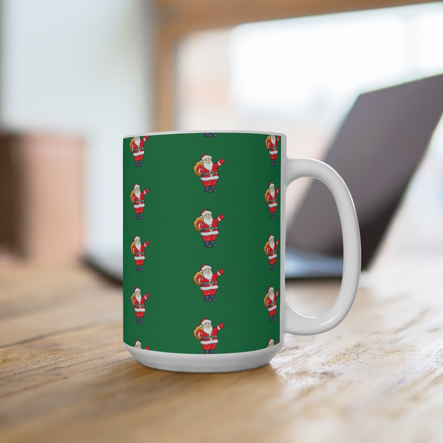 Hand-drawn Santa Claus art on ceramic mug; Christmas holiday collection