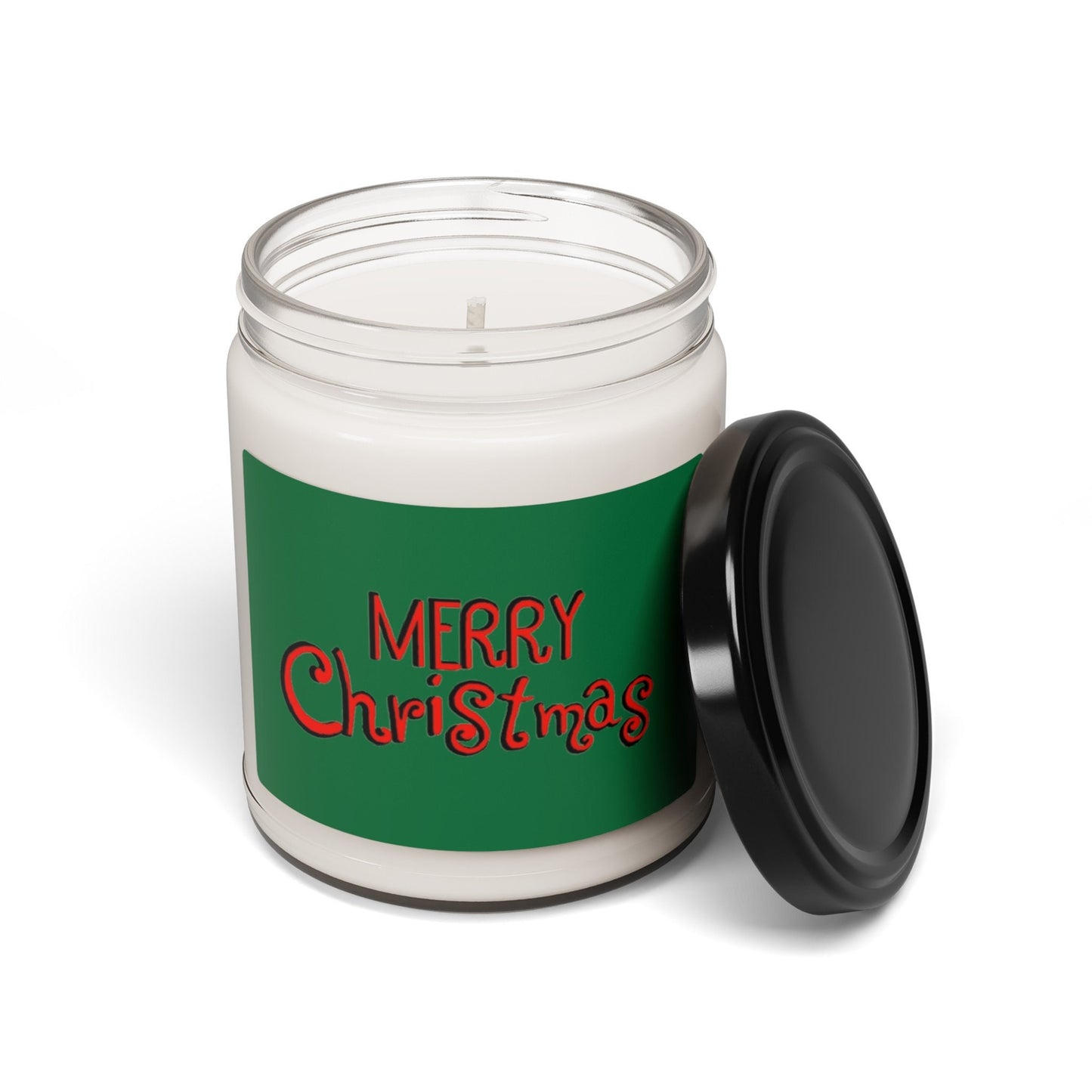 Holiday candle with hand-drawn Christmas art label; festive home scent
