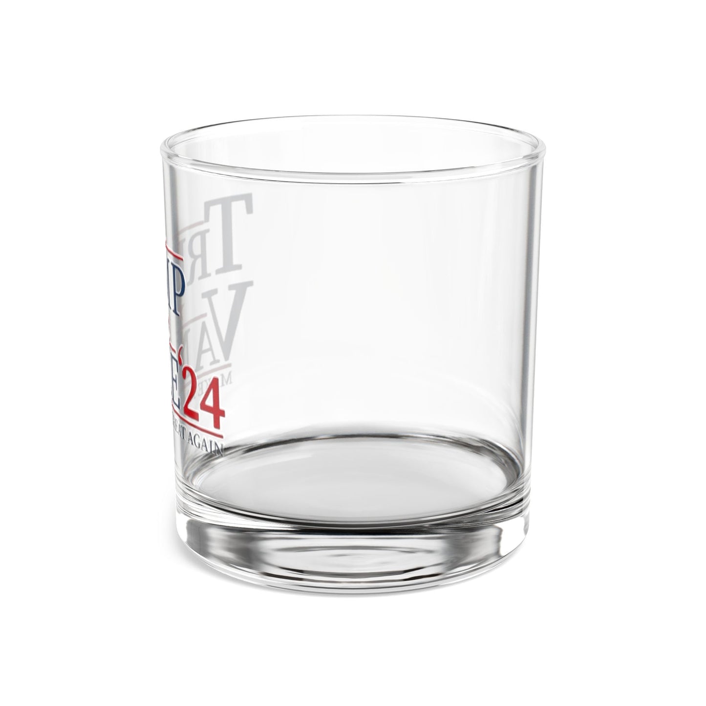 Trump Vance 2024 campaign logo in red, white, and blue on 16oz pint glass; hand wash only