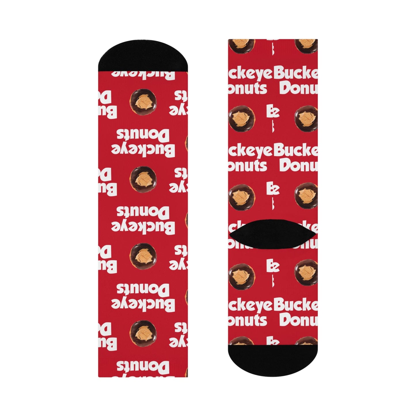 A pair of red cushioned crew socks with 'BUCKEYE DONUTS' text and logo pattern.