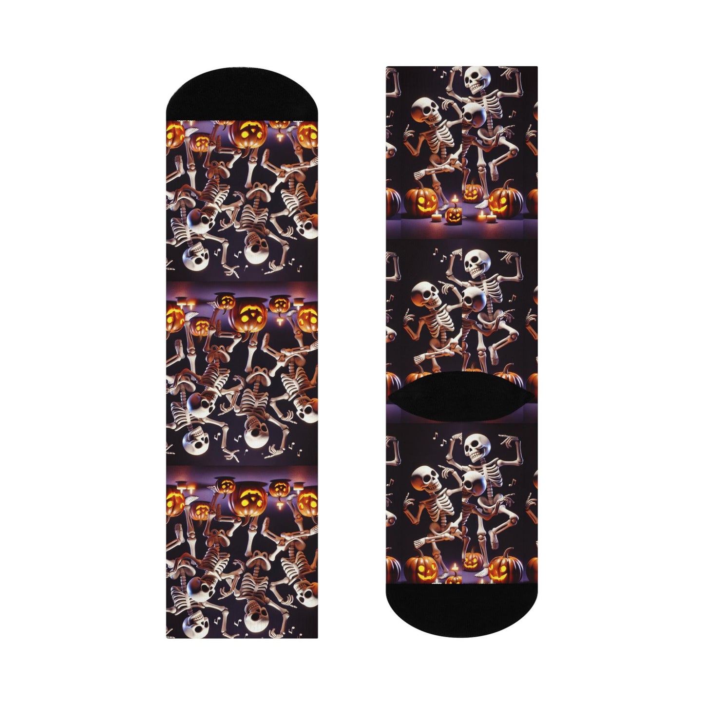 halloween dancing skeletons black crew socks spooky festive design
