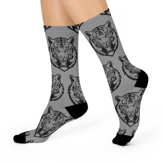 Hand drawn gray Bengals tiger face on socks with white background.