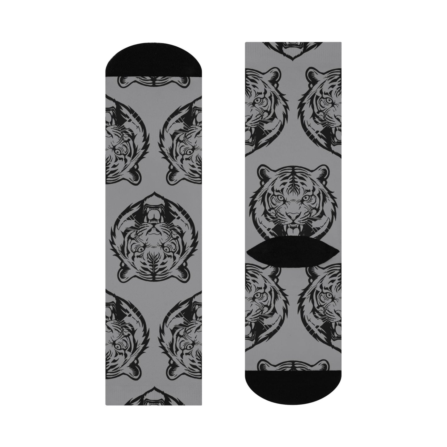 Hand drawn gray Bengals tiger face on socks with white background.