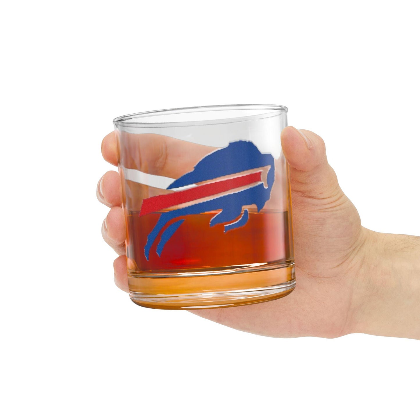 A clear rocks glass with the Buffalo Bills logo in blue, red, and white.
