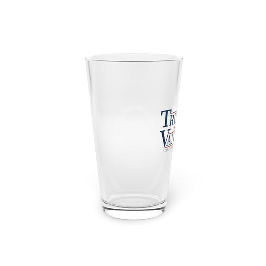 Trump Vance 2024 campaign logo in red, white, and blue on 16oz pint glass; hand wash only