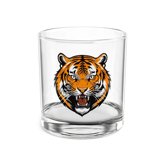 Hand-drawn orange tiger face on 10oz rocks glass; Market Mafia Creations