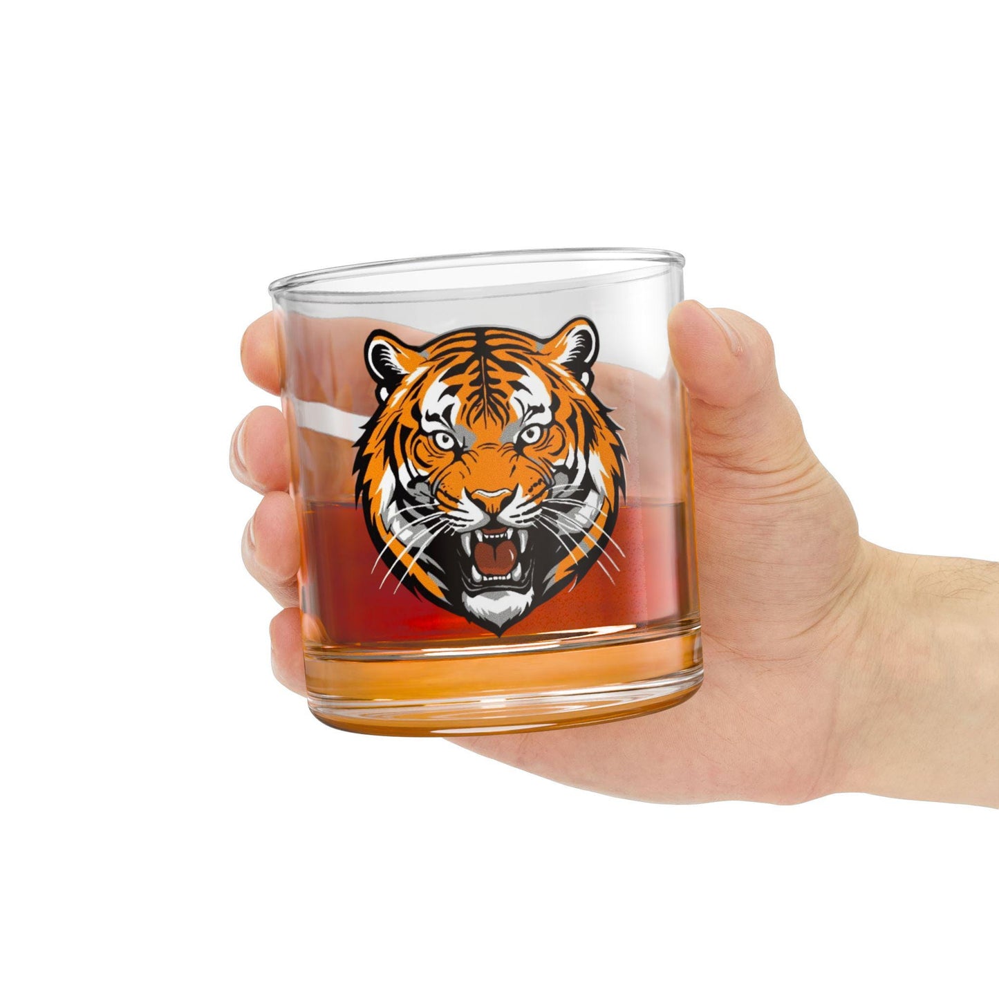 Hand-drawn orange tiger face on 10oz rocks glass; Market Mafia Creations