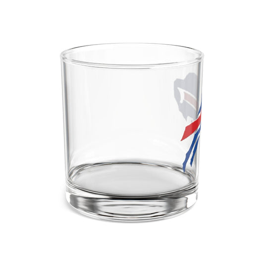 A clear rocks glass with the Buffalo Bills logo in blue, red, and white.