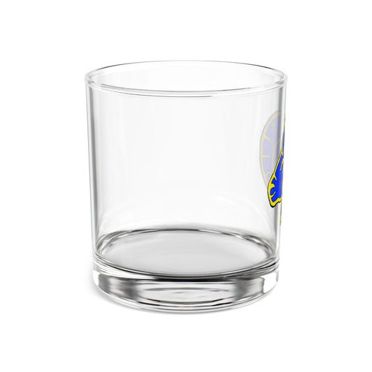 A clear tempered glass rocks glass with a hand-drawn LA Rams logo in gold and blue colors.