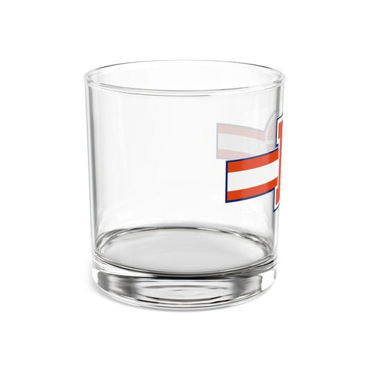 Orange and navy Denver Broncos logo art on 10oz rocks glass; not dishwasher safe