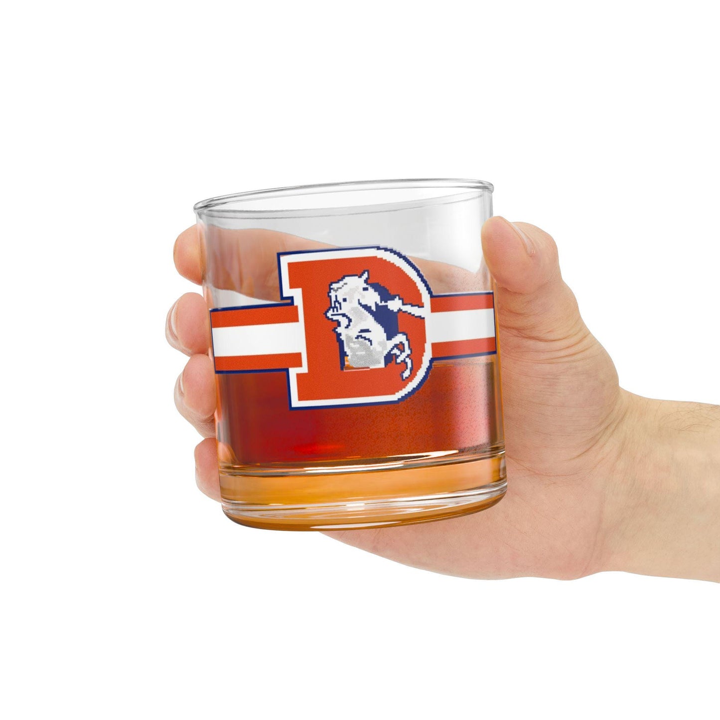 Orange and navy Denver Broncos logo art on 10oz rocks glass; not dishwasher safe