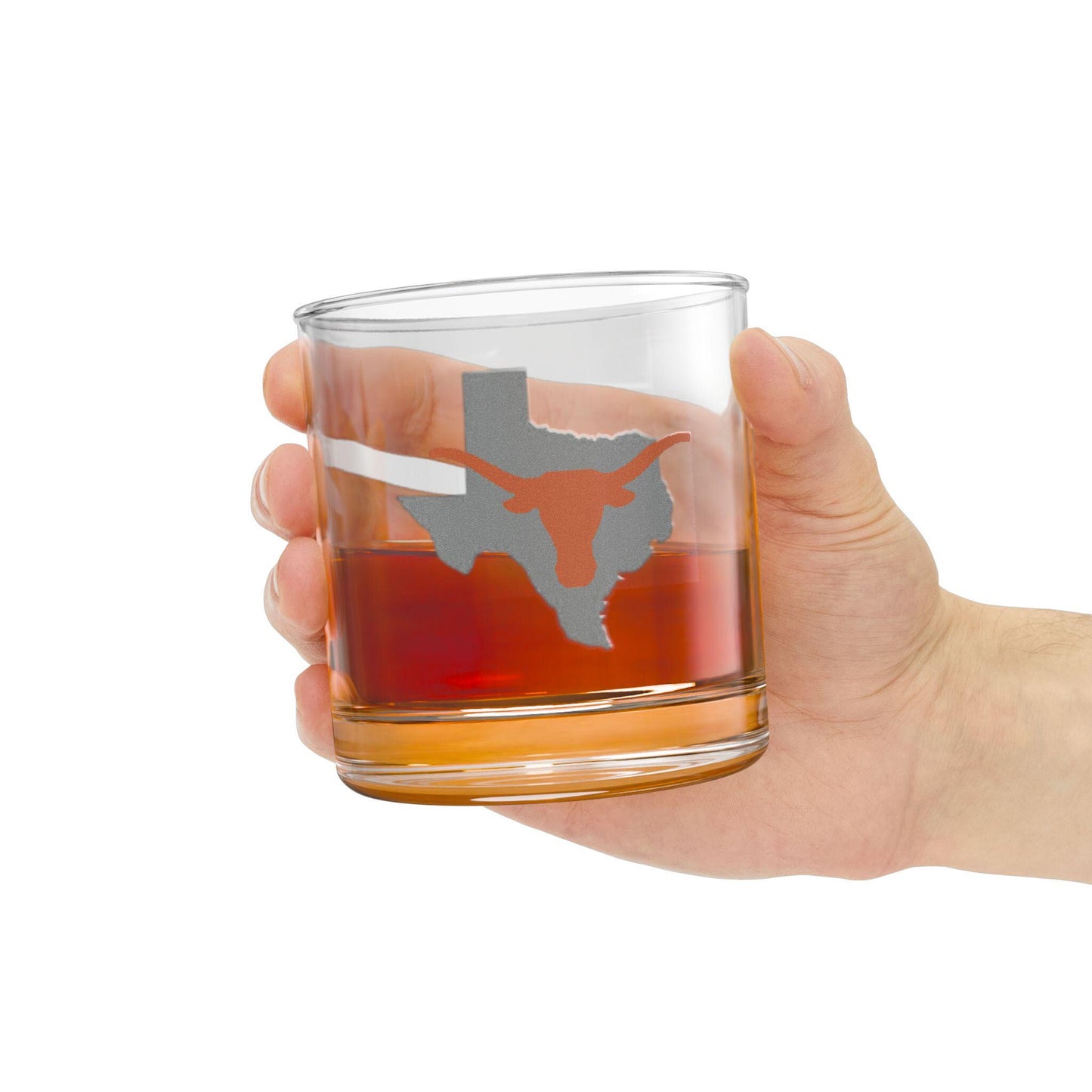 Texas Longhorn burnt orange steer logo on clear 10oz rocks glass; not dishwasher safe
