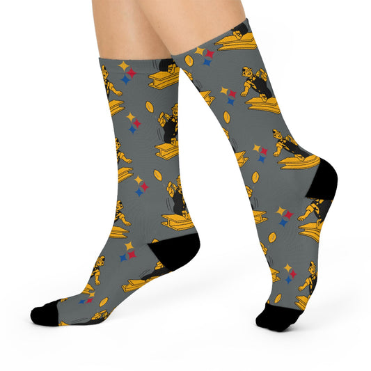 pittsburgh steelers vintage logo black and gold hand drawn gray crew socks