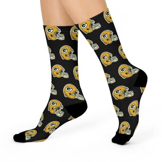 green bay packers retro helmet black hand drawn crew socks football fan