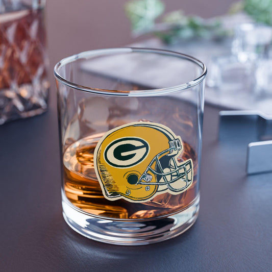 Green Bay Packers “G” logo on clear 10oz rocks glass; hand wash only