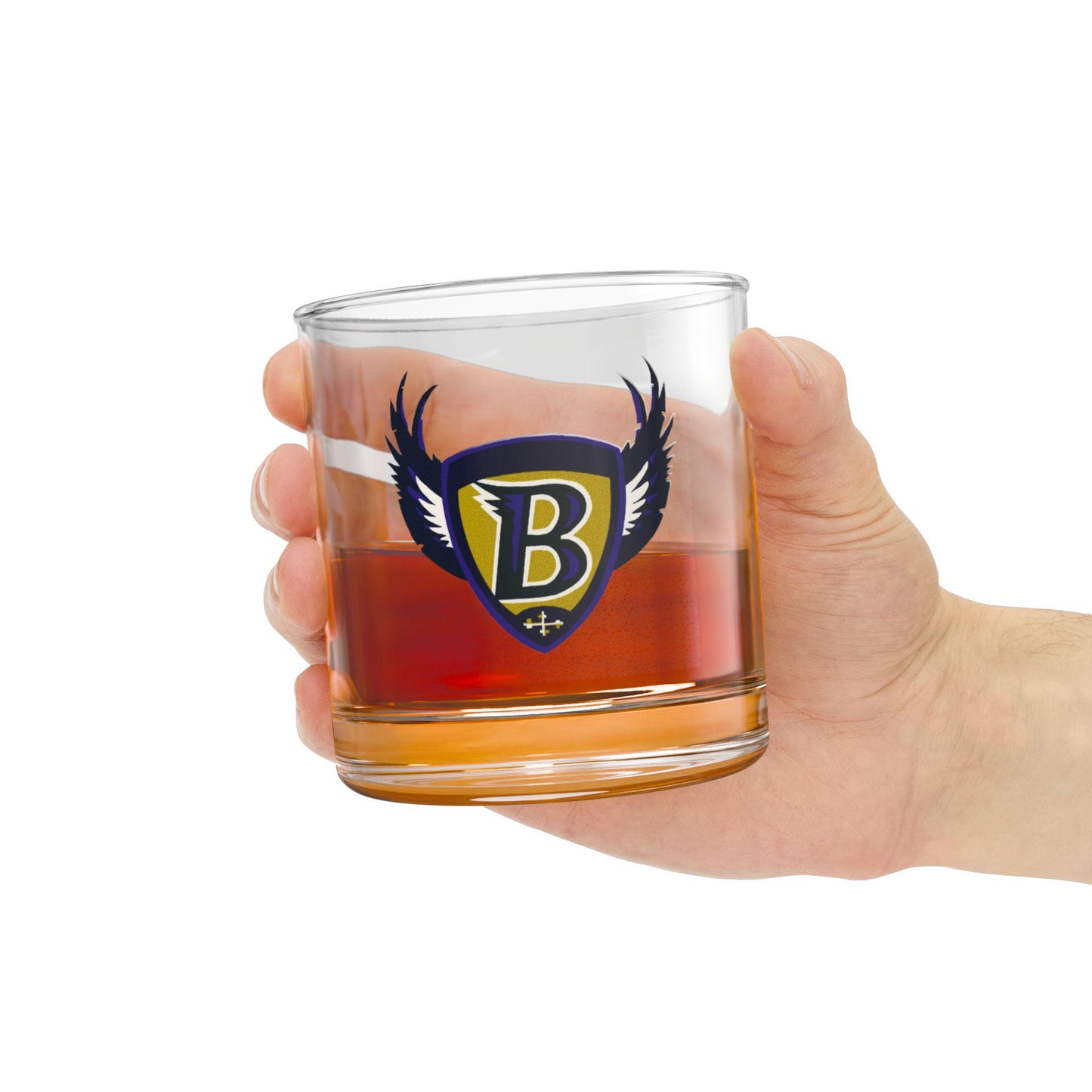 Vintage Ravens bird shield on clear 10oz rocks glass; not dishwasher safe