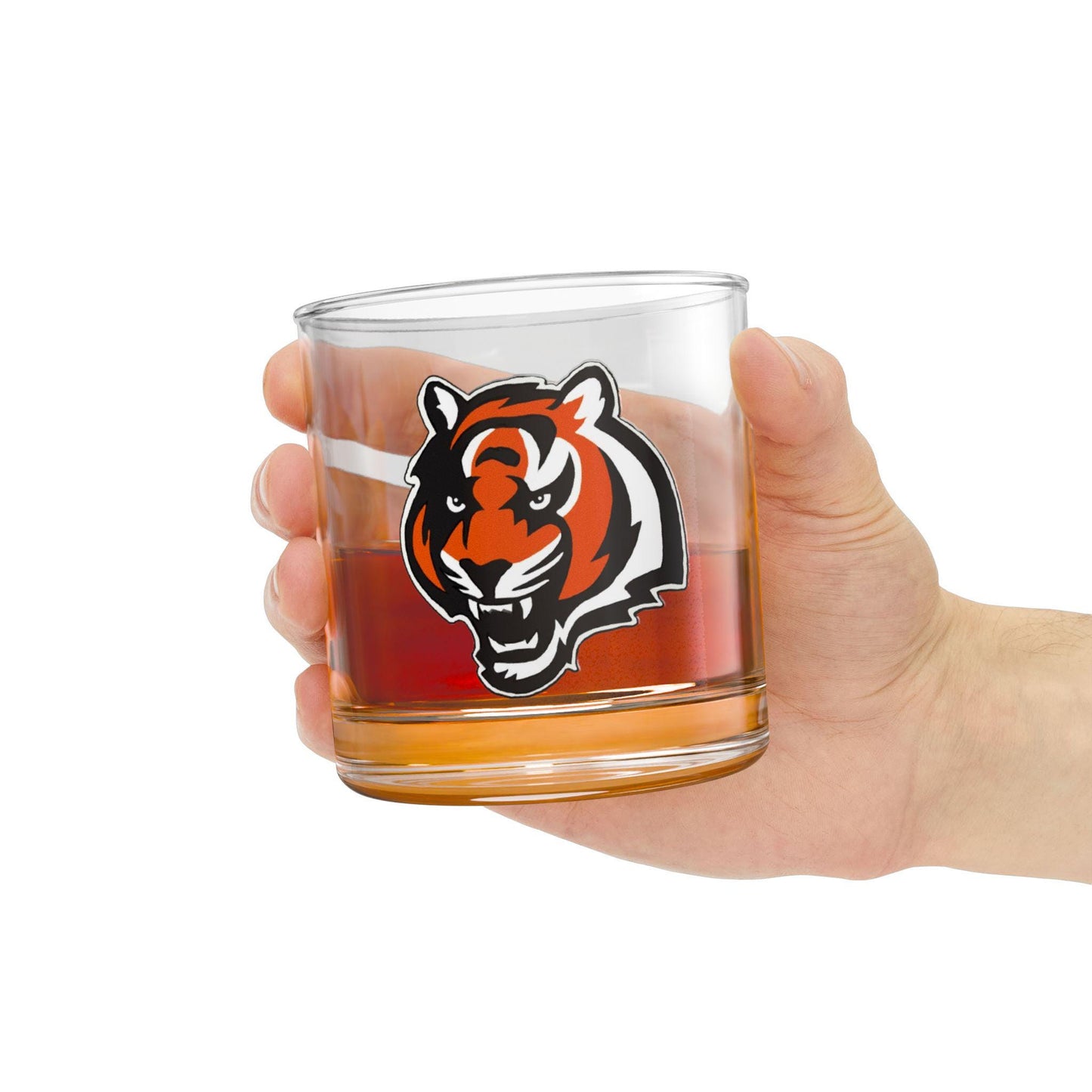 Hand-drawn Bengals tiger head logo on 10oz rocks glass; hand wash only