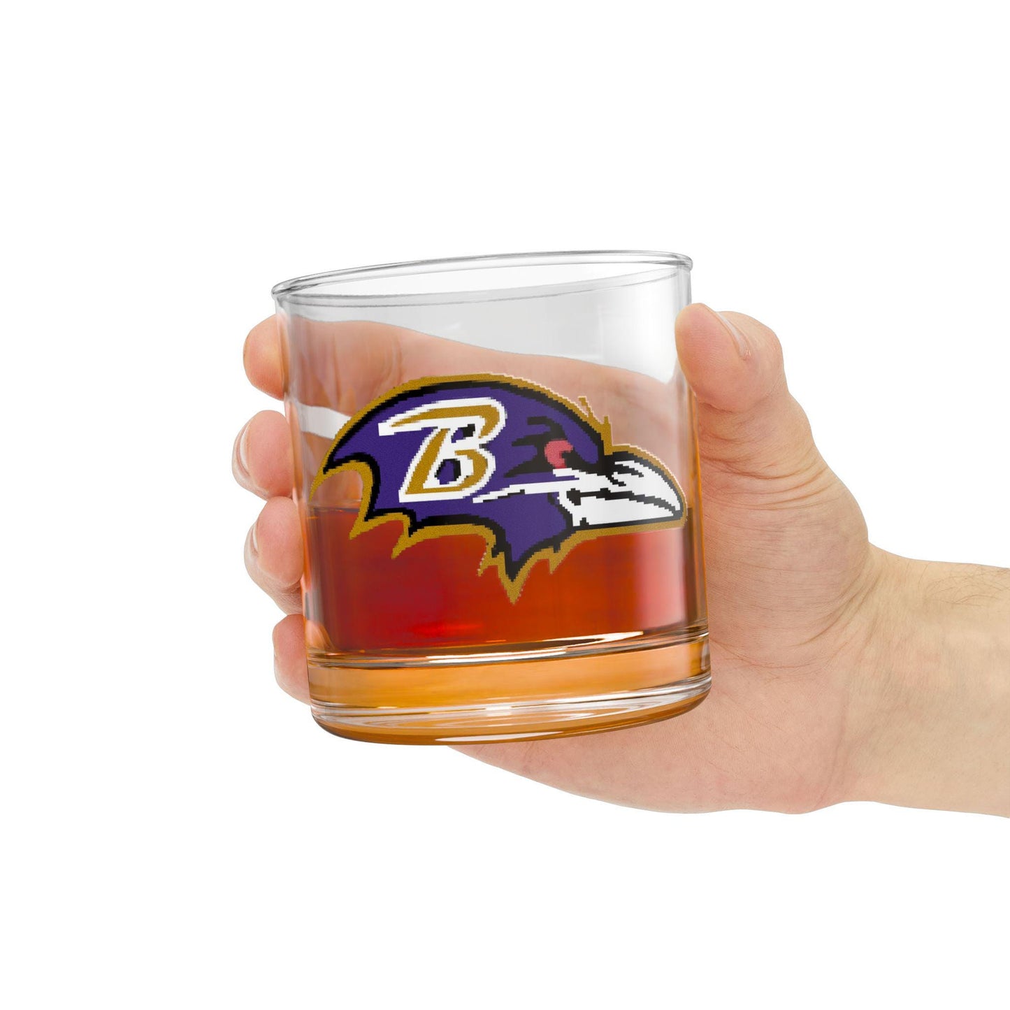 Purple raven head logo on clear 10oz rocks glass; hand wash only