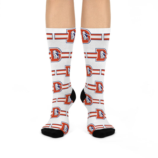 denver broncos white hand drawn crew socks football fan gear