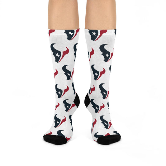 houston texans hand drawn steel blue and red crew socks football fan gear