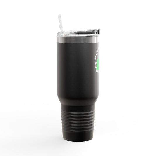 A black 40 oz insulated stainless steel tumbler with a handle and straw, featuring a hand-drawn green beer design and text 'Here for the Shenanigans'.