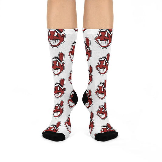 White socks with red and black graphic design on a white background