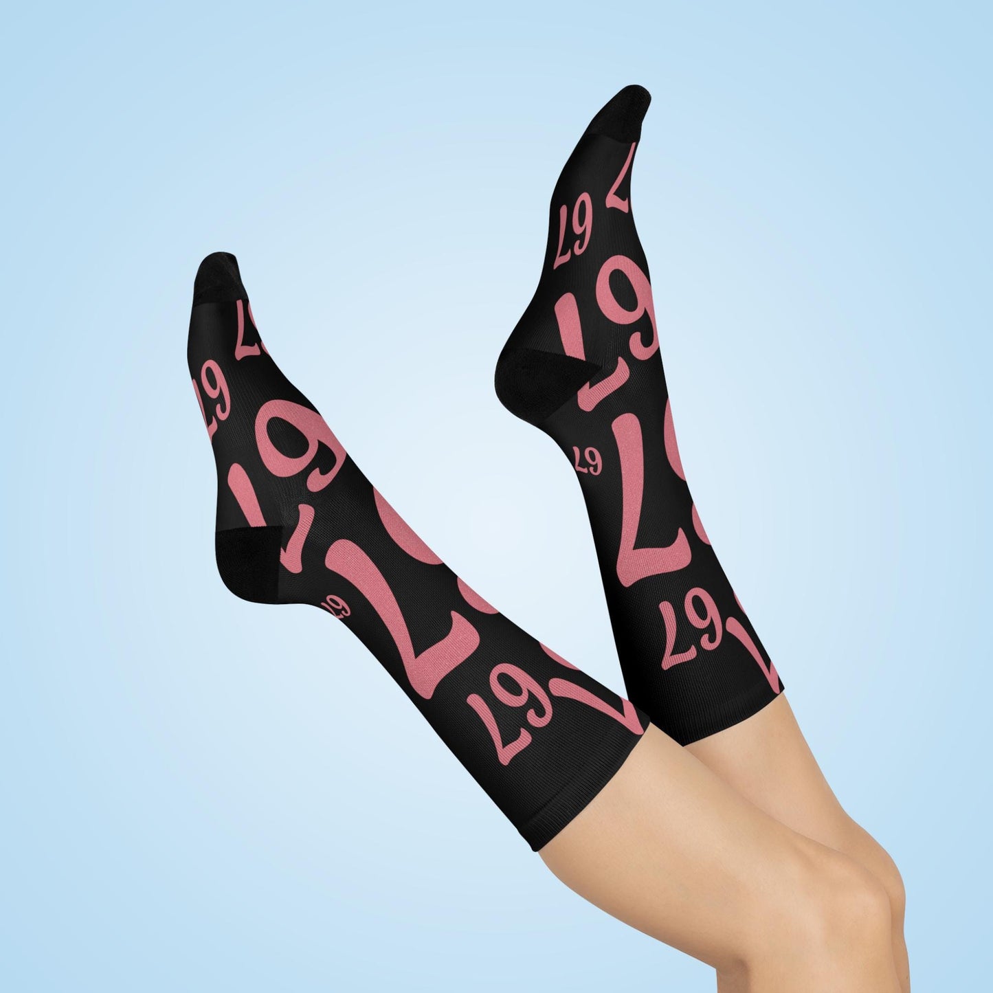 6 7 Pink Glitter Numbers Crew Socks | Cushioned Black Socks