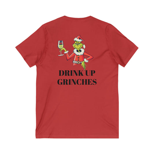 Ladies Grinch v-neck short sleeve tee hand-drawn Christmas mischief design