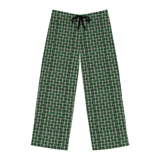 A pair of green Christmas plaid pajama pants with a drawstring at the back.