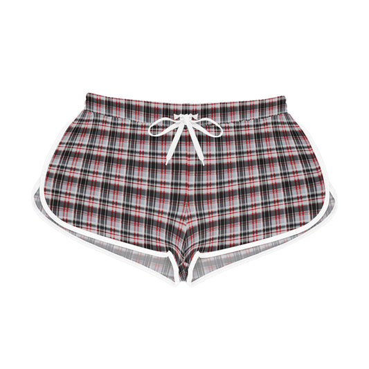 A pair of red and white checkered women's relaxed shorts with a drawstring and edge trim in black or white color.