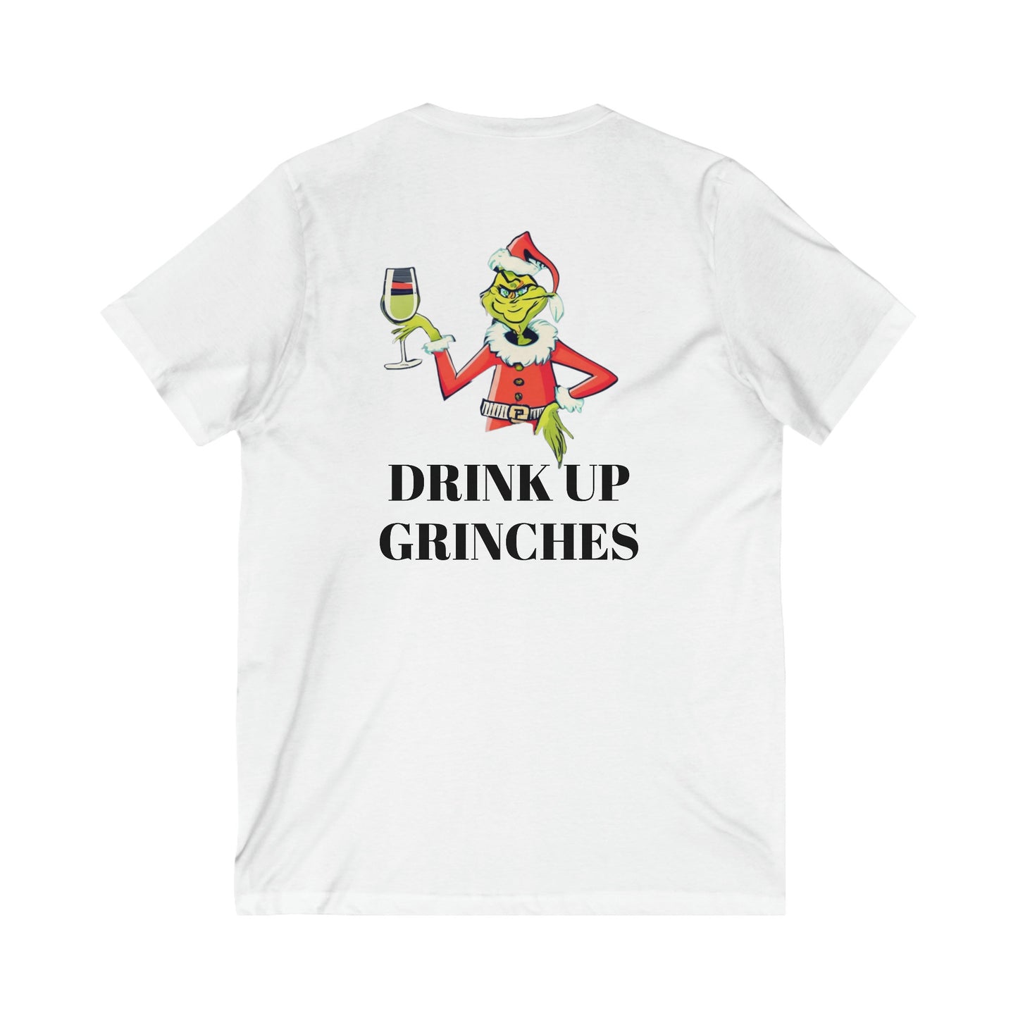 Ladies Grinch v-neck short sleeve tee hand-drawn Christmas mischief design